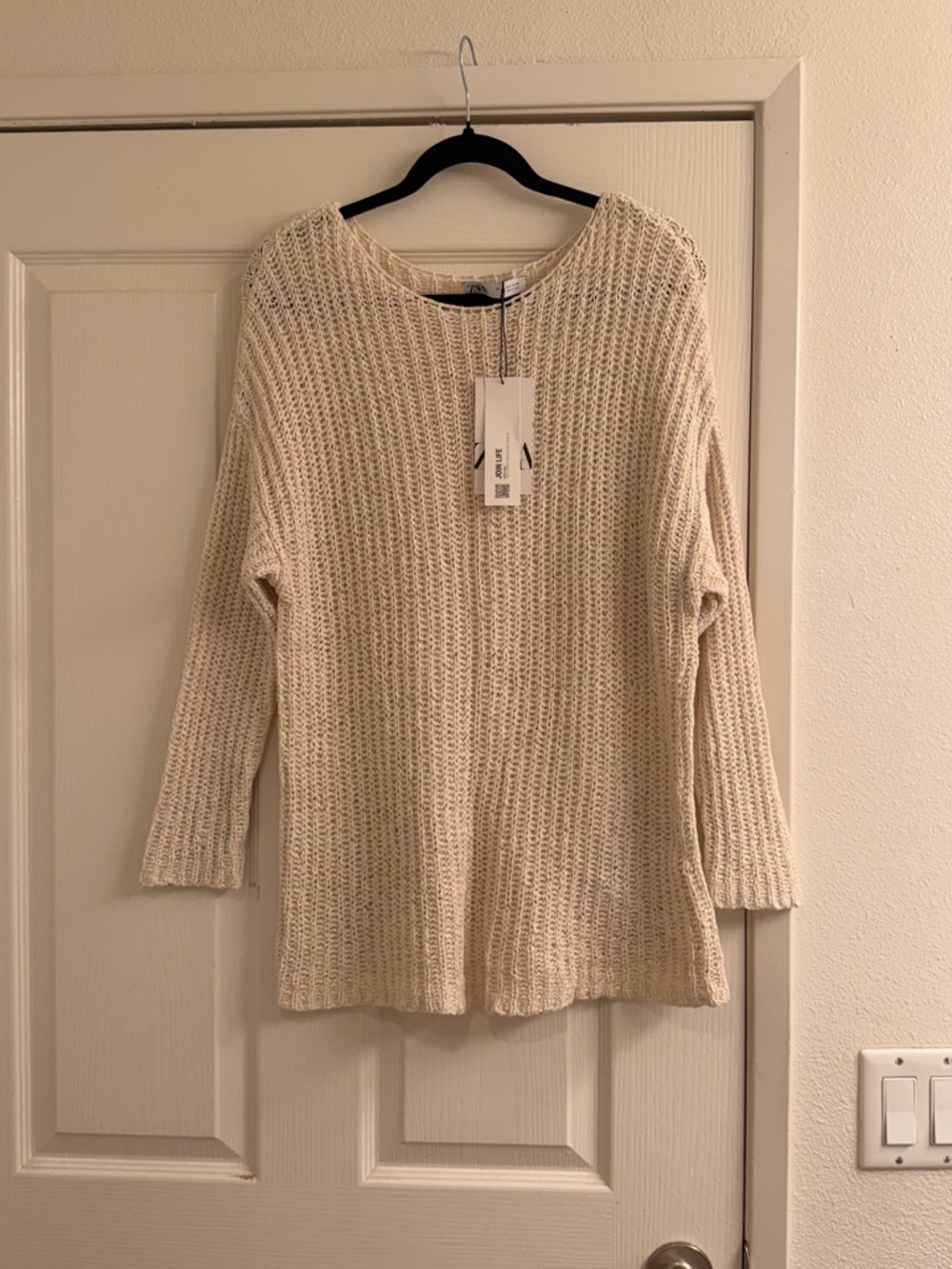 Zara cotton Cream Crewneck Knit Sweater